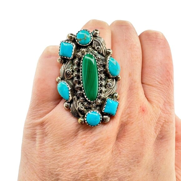 Sterling Silver Richard Begay Native American Turquoise Malachite Ring Sz.11 - Picture 1 of 11